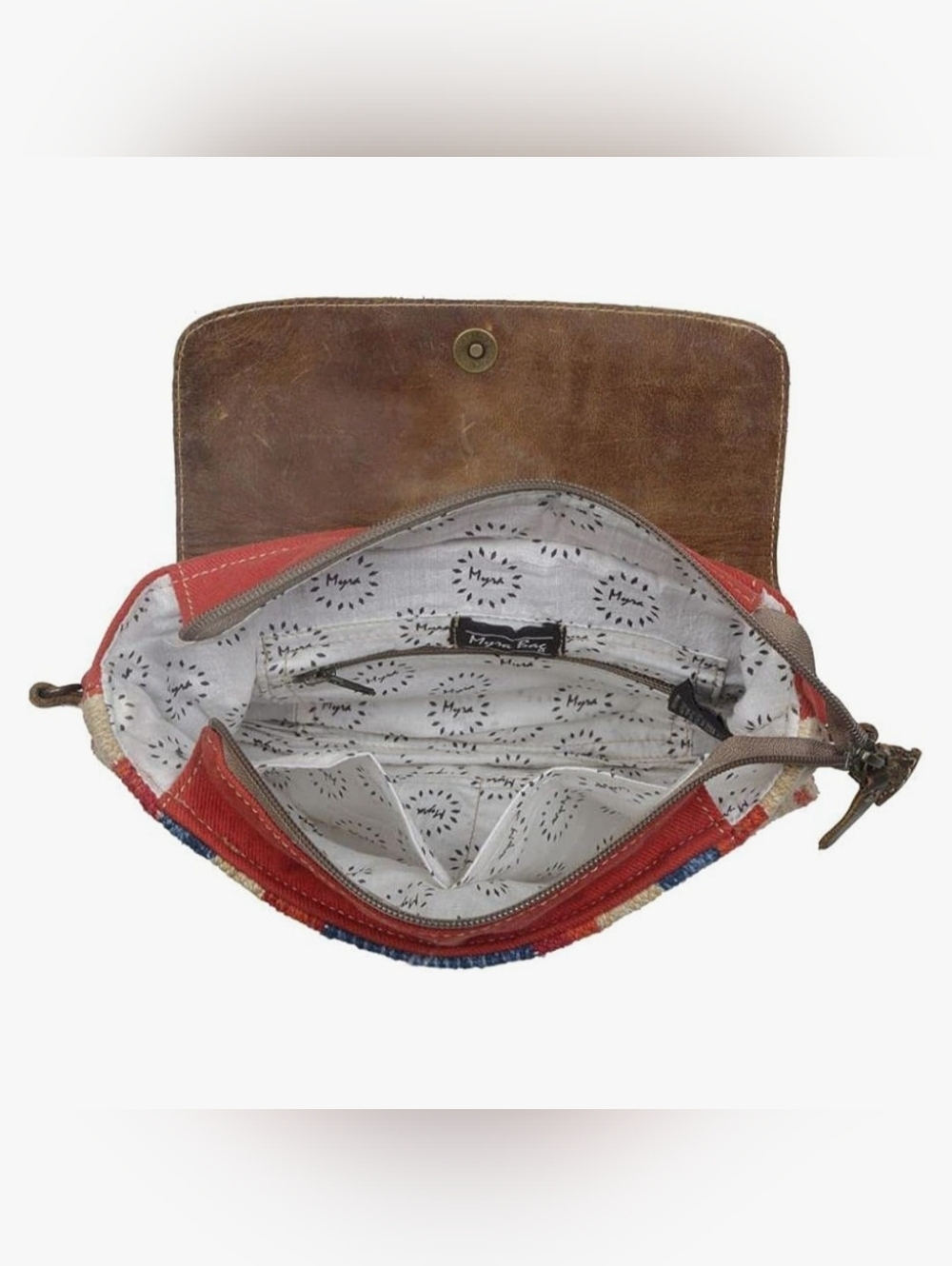 Myra Win Win Crossbody Bag Rustic Brown Leather & Southwestern Canvas Tapestry - Picture 6 of 14